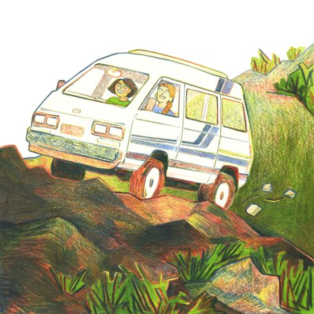 Zwei Frauen im japanischen Minibus mit Allradantrieb auf holperigem Gelände